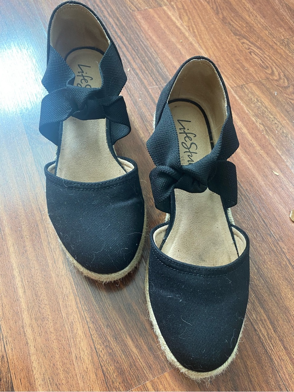 Life Stride Black Canvas Bow Espadrille Wedges